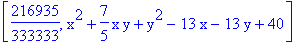 [216935/333333, x^2+7/5*x*y+y^2-13*x-13*y+40]